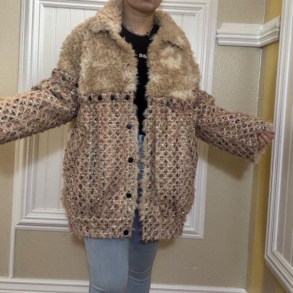 Women's Beige and Brown Textured Coat - Picture 1 of 10